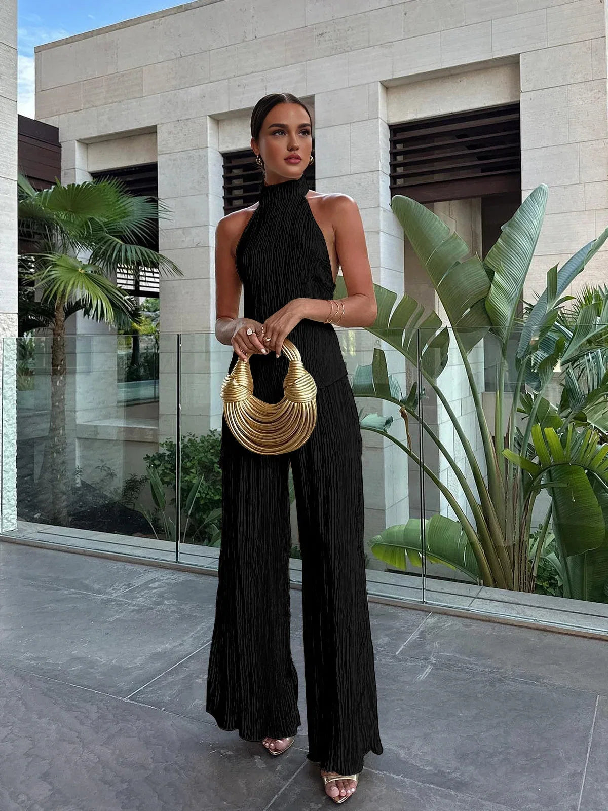 Champagne Pleated Halter Top & Wide-Leg Set
