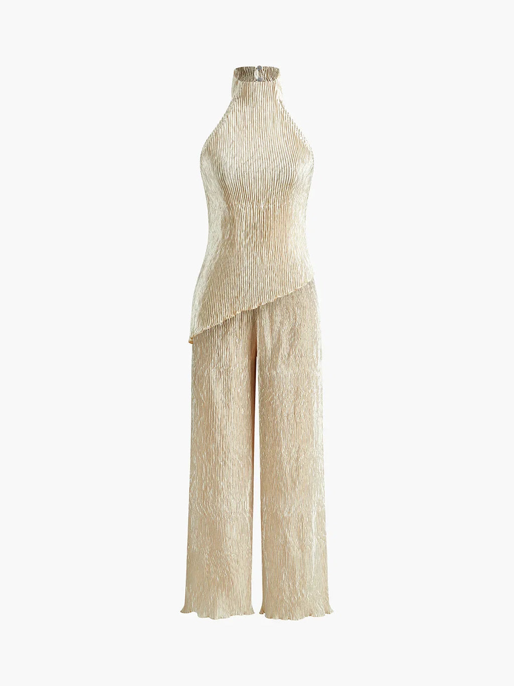Champagne Pleated Halter Top & Wide-Leg Set