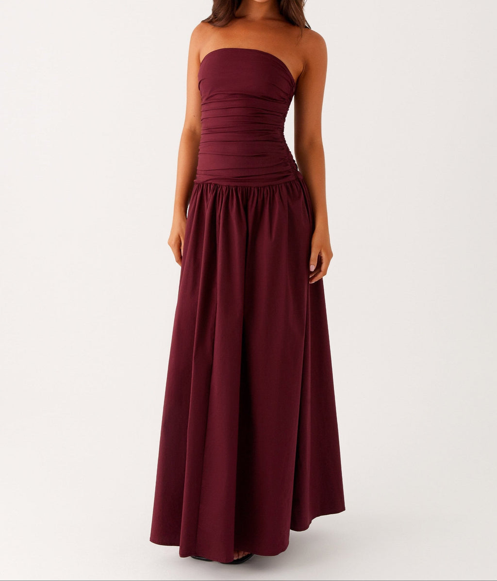 Burgundy Strapless Sculpt Maxi Dress