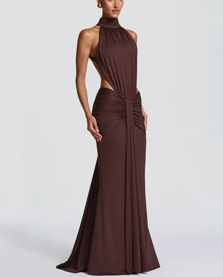 Chocolate Sculpt Cut-Out Halter Maxi Dress