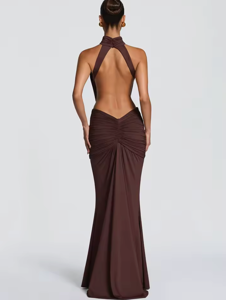Chocolate Sculpt Cut-Out Halter Maxi Dress