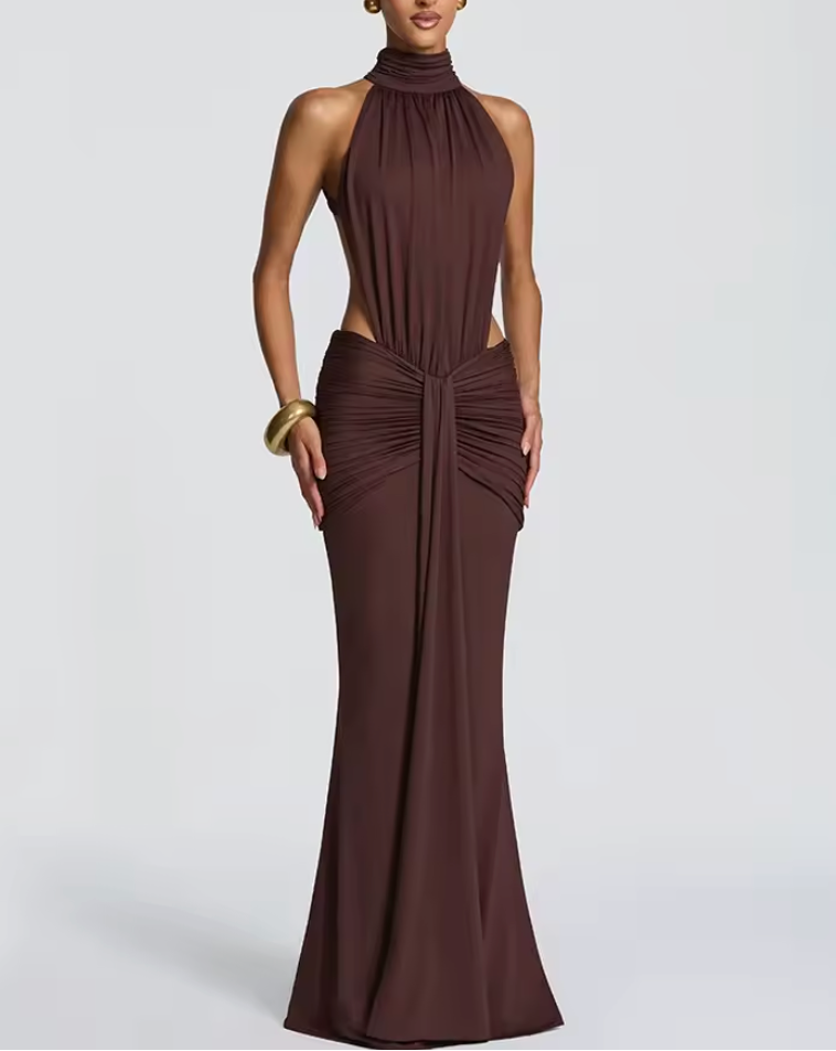 Chocolate Sculpt Cut-Out Halter Maxi Dress