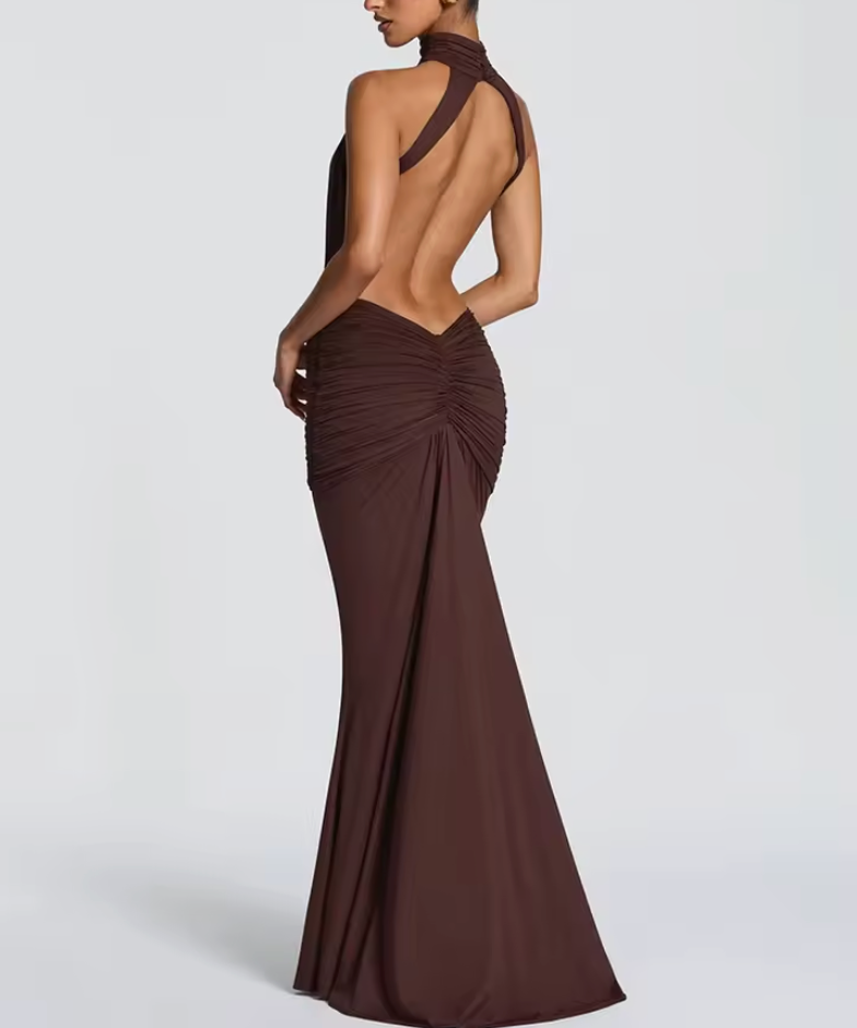 Chocolate Sculpt Cut-Out Halter Maxi Dress