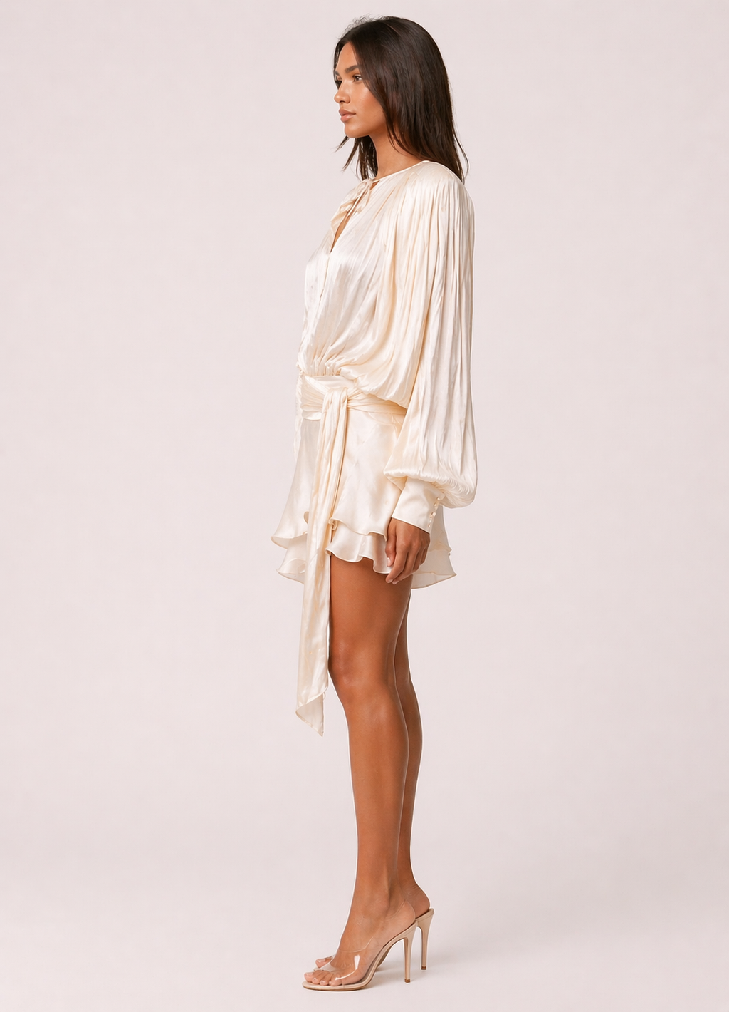 Champagne Draped Tie-Waist Mini Dress