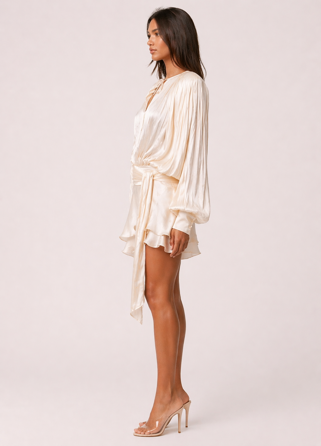 Champagne Draped Tie-Waist Mini Dress