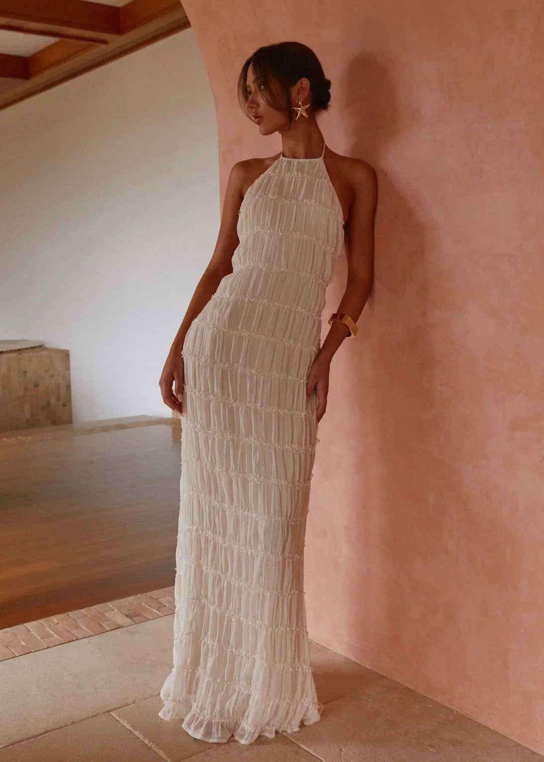 Ivory Textured Halter Maxi Dress