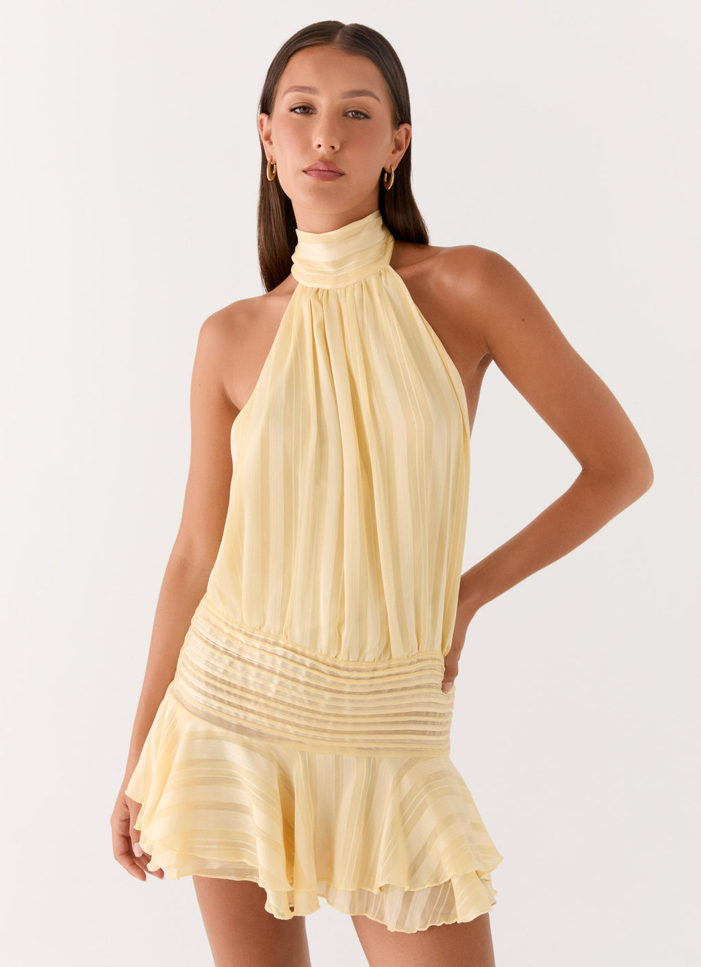 Butter Yellow Halter Pleated Mini Dress
