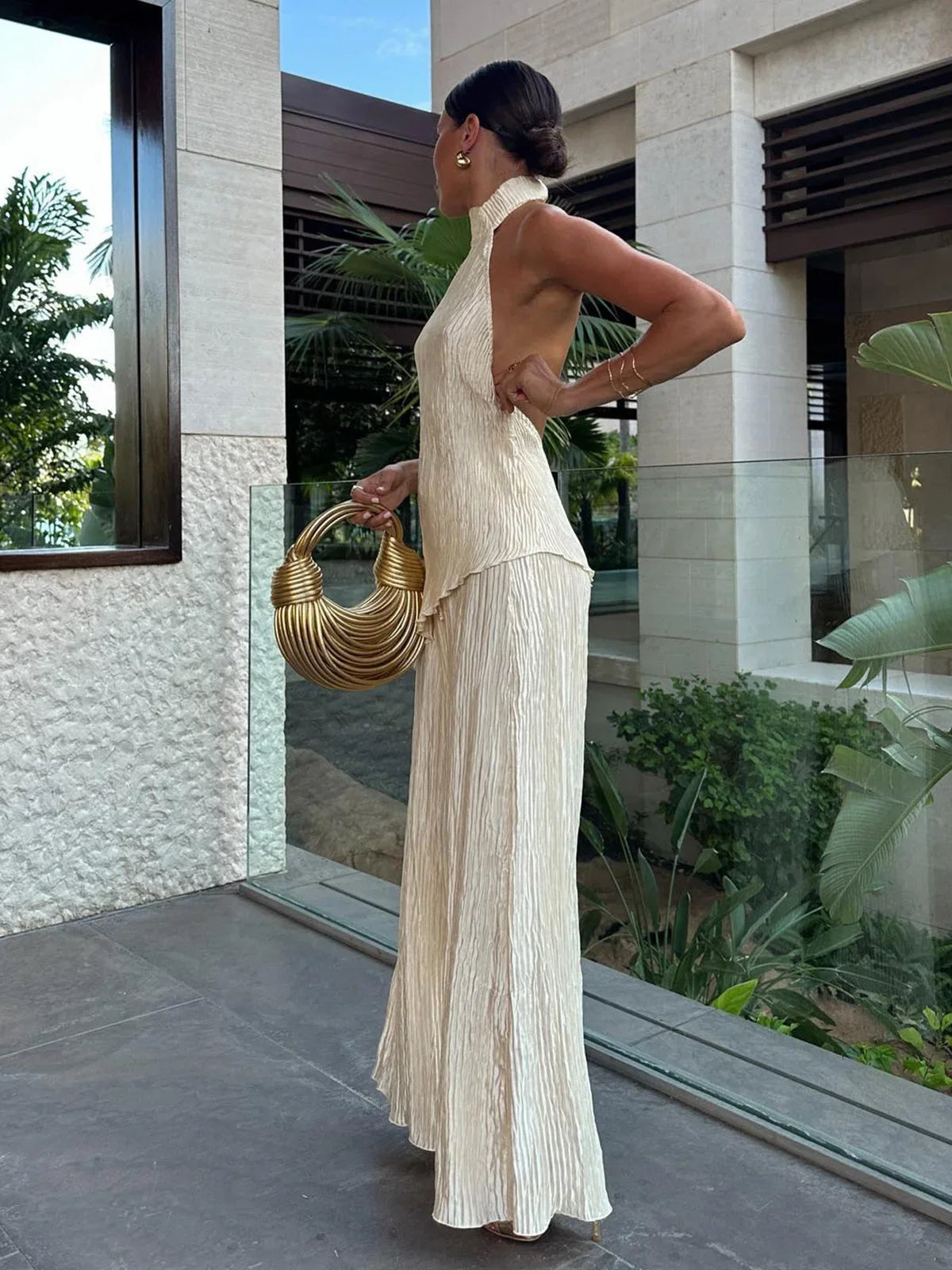 Champagne Pleated Halter Top & Wide-Leg Set