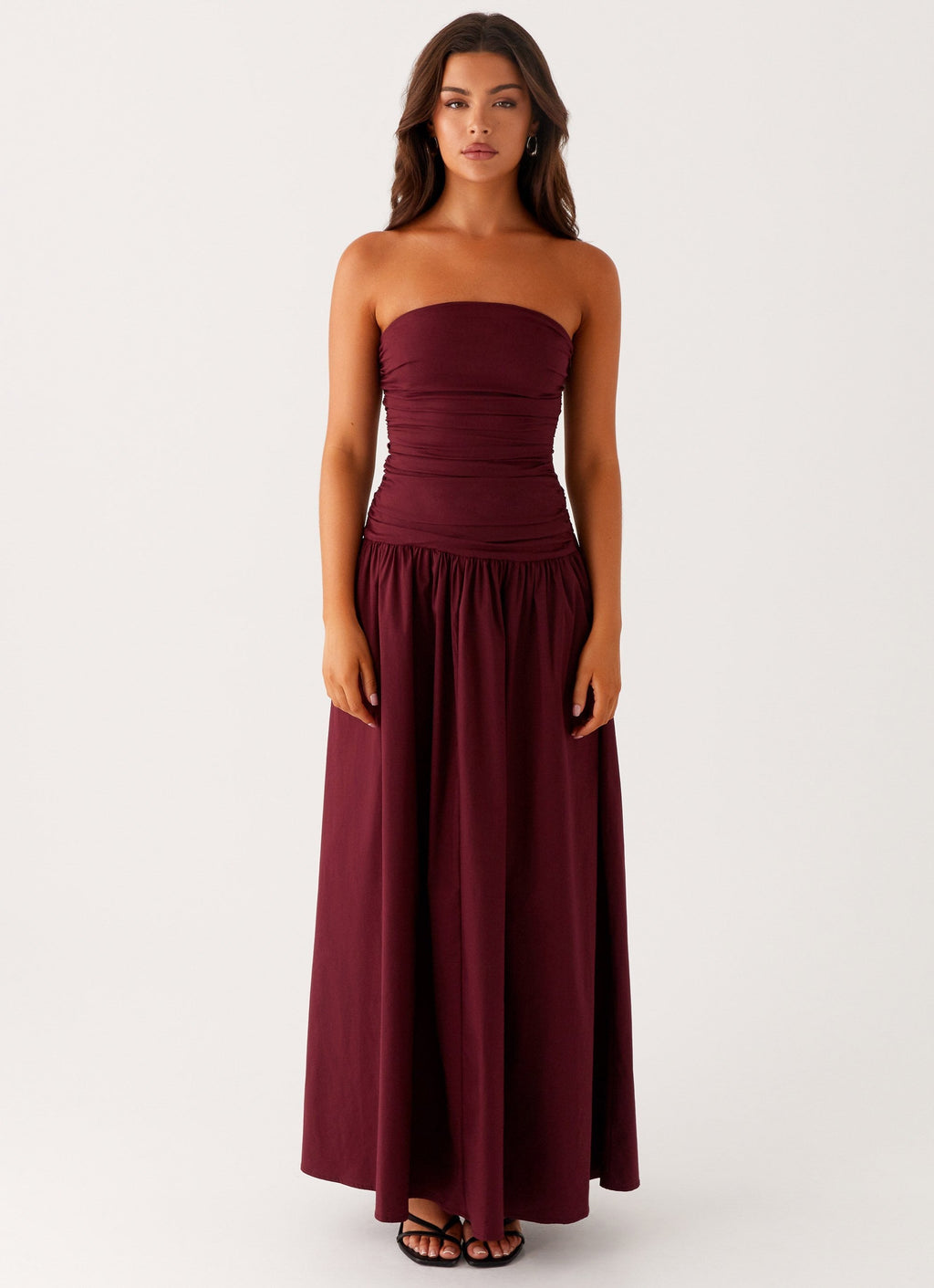 Burgundy Strapless Sculpt Maxi Dress
