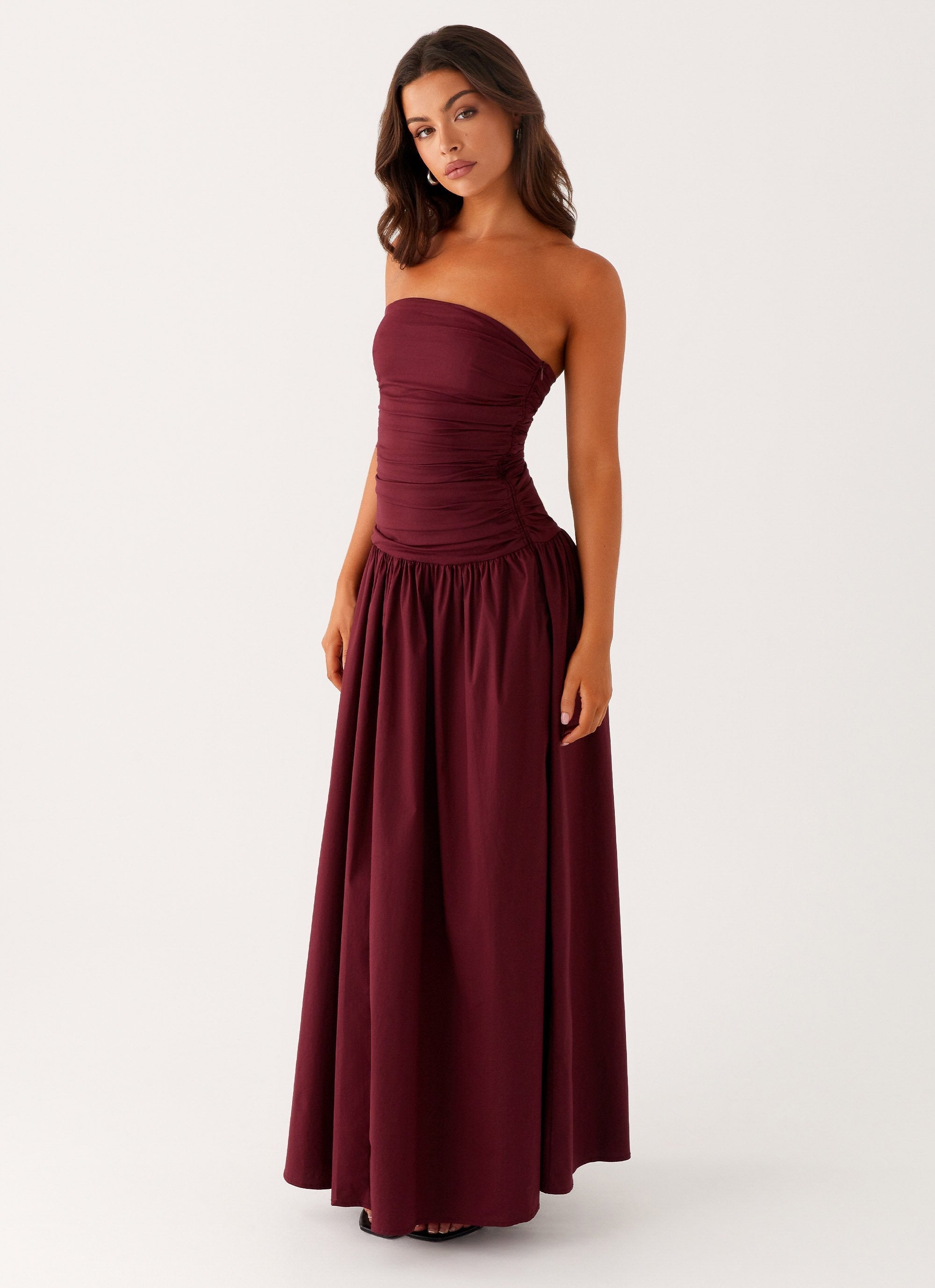 Burgundy Strapless Sculpt Maxi Dress