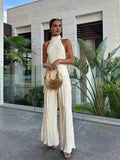 Champagne Pleated Halter Top & Wide-Leg Set
