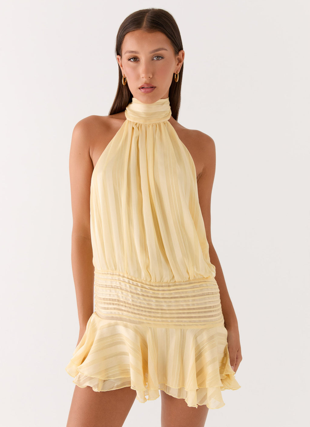 Butter Yellow Halter Pleated Mini Dress